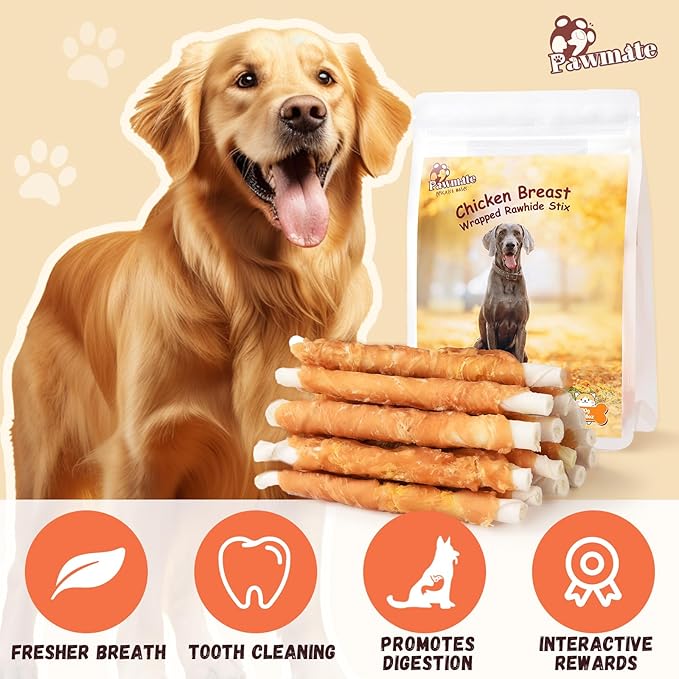 Dog Treats Chicken Wrapped Rawhide Sticks w/Taurine, Long Lasting Dog Chews Trainning Snacks High Protein, Natural Chicken Treats for Small Medium Large Dogs 20-21 Counts, 10.6 oz