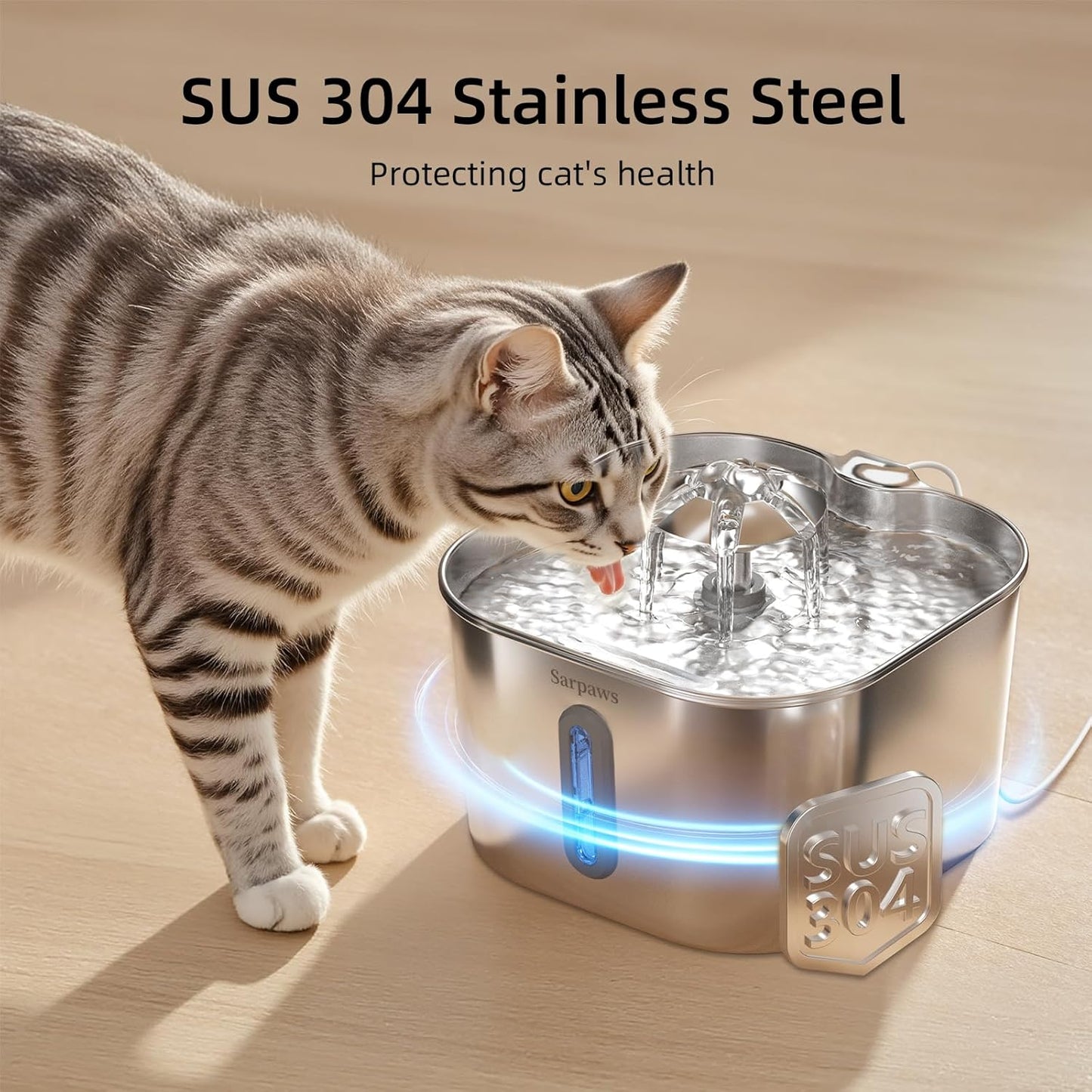 Cat Water Fountain Stainless Steel：74oz/2.2L Water Fountains for Cats Indoor, Cat Fountains for Drinking, Ultra-Quiet, Water Level Window, Pet Water Fountain - 6 Filters + 3 Sponges