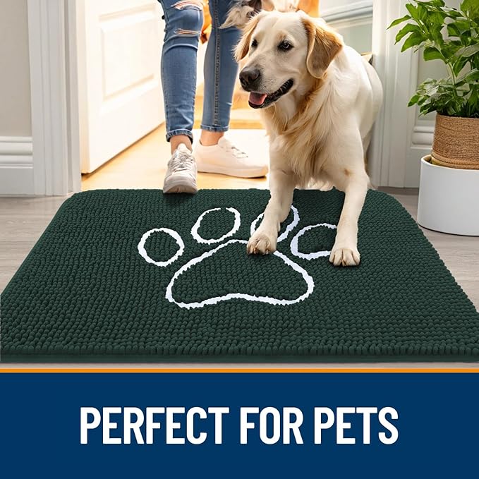 OLANLY Door Mat for Muddy Dog Paws 59x35, Absorbent Chenille Mud Doormat with Paw Print Design, Non-Slip Washable Doormat for Indoor Entryway, Quick-Dry Pet Bed Mats for Dirty Dogs, Blackish Green