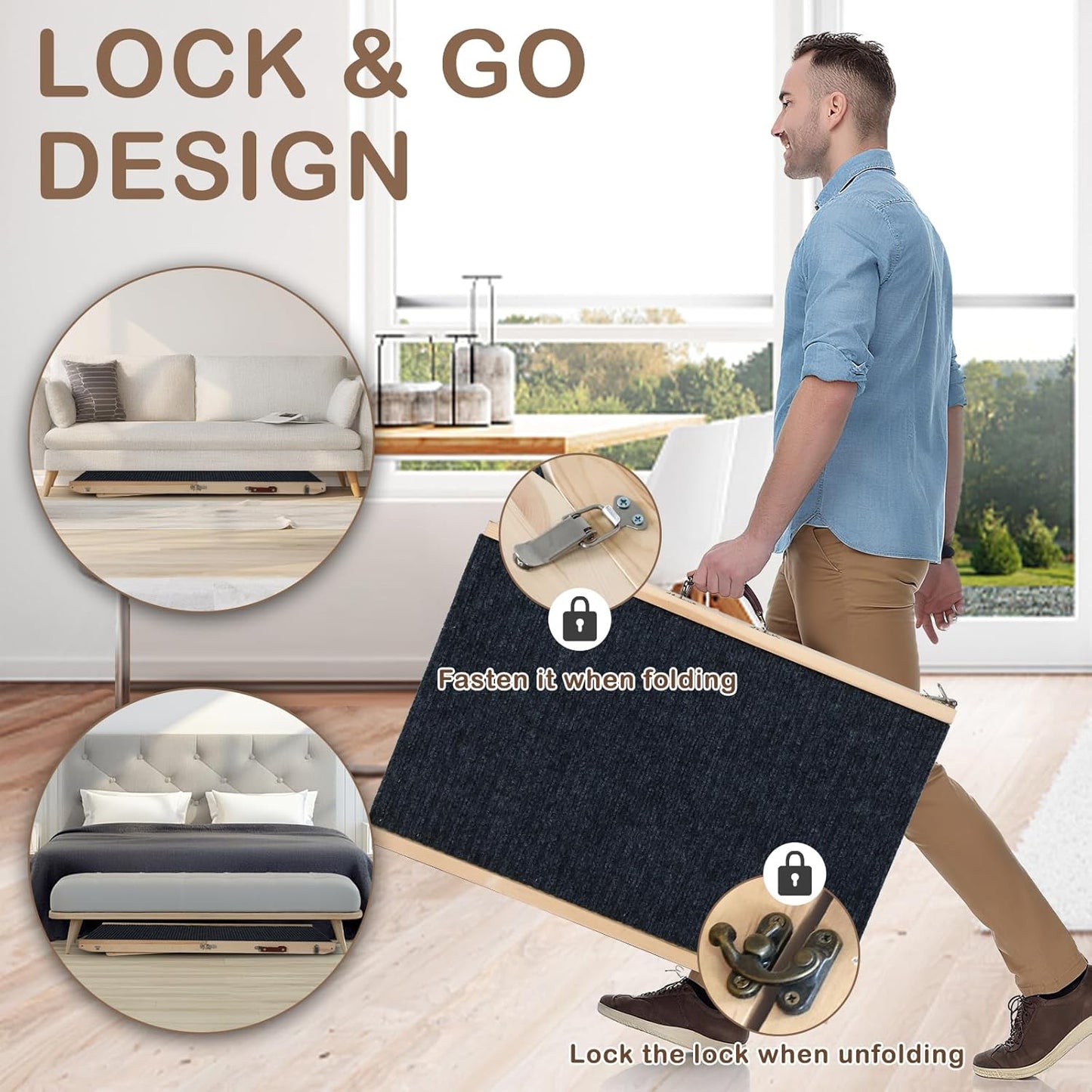 Folding Dog Ramp Safety, Wooden Adjustable Height Pet Ramps, Potable Dog Steps with Non-Slip Traction Mat, Dog Step for Bed, Dogs Stairs for SUV Car, Couch, Safe, Height Bed