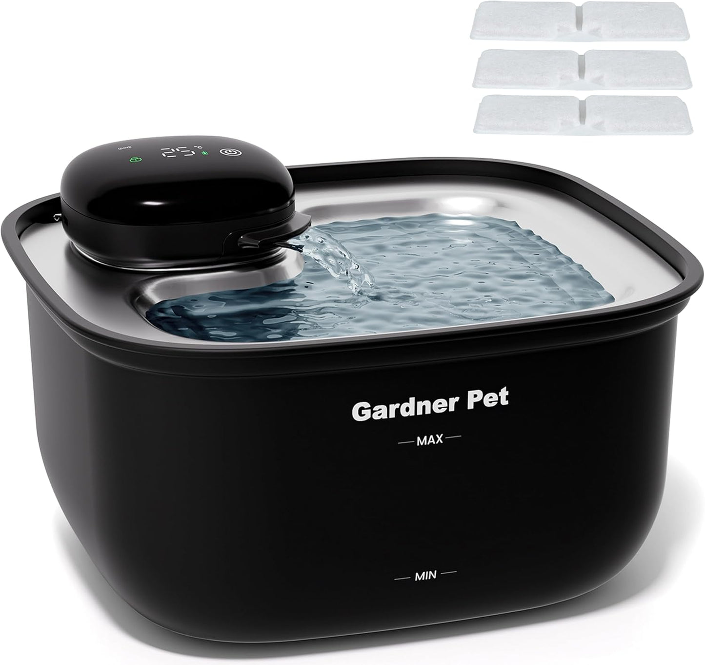 Gardner Pet Wireless Cat Water Fountain Stainless Steel Tray, 3.78L Cat Fountain Battery Operated, Cordless Pet Water Fountain for Cats & Dogs with Motion Sensor, Temperature Display - 1 Gallon