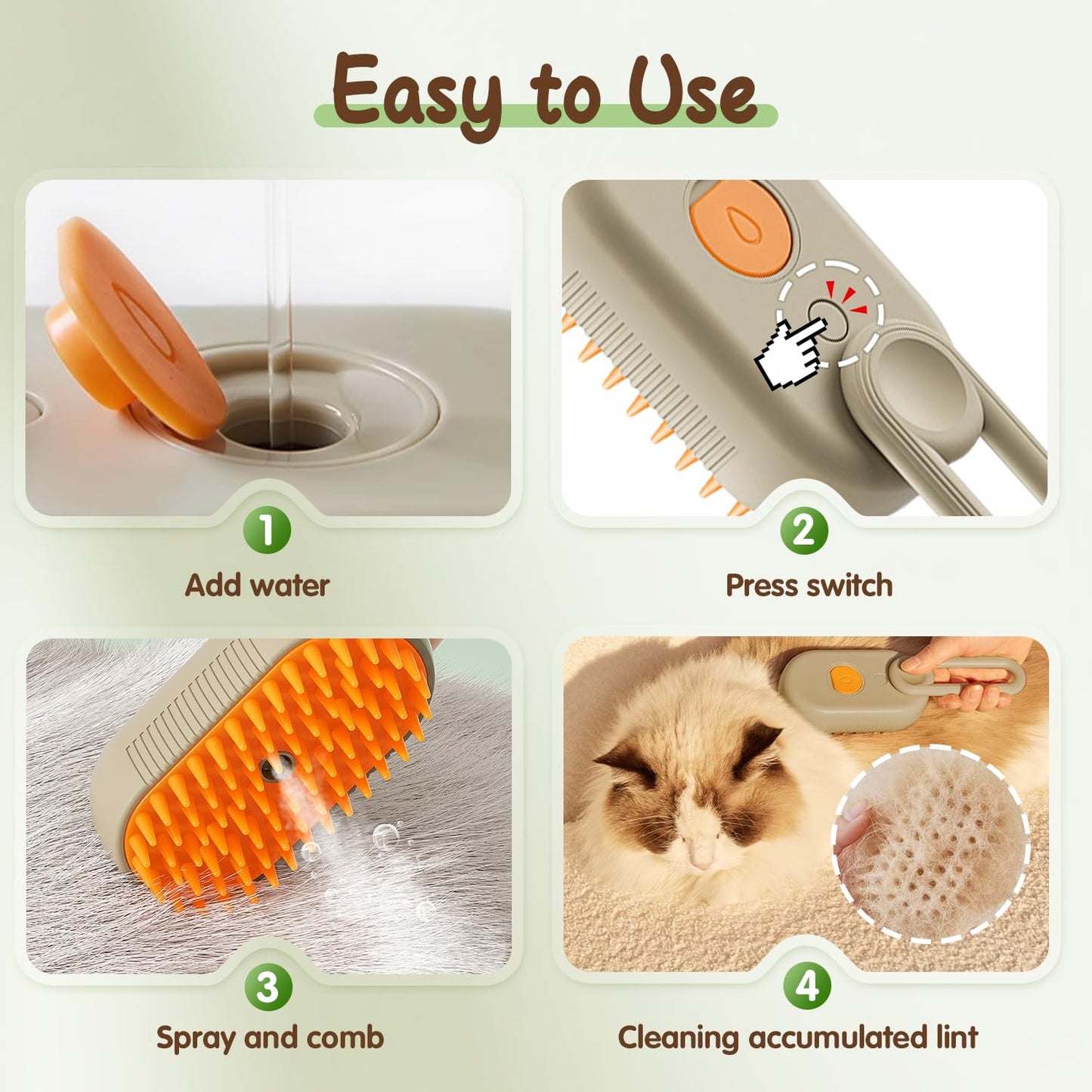 New Cat Steam Brush, 3 in 1 Pet Steam Groomer Brush, Rechargeable Pet Steam Groomer Comb for Massaging and Cleaning Shedding Pets Hair, Multifunctional Hair Removal Comb for Cats Dogs (Khaki+White)