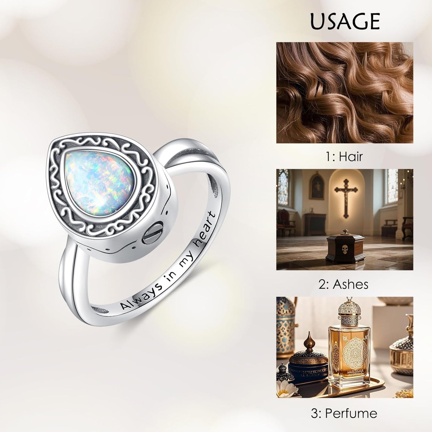 Teardrop Cremation Ring for Ashes 925 Sterling Silver Opal Urn Keepsake Rings Always in My Heart Memorial Jewelry for Women