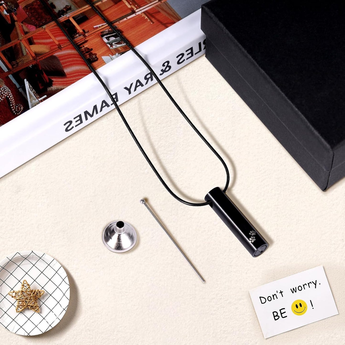 HappyTails Pet Cremation Jewelry, Urn Necklace for Ashes of Dogs&Cats, Memorial Locket Pendant with Filling Kit, Funeral Keepsake Cremation Jewelry for Women&Men, Black with Paw Print