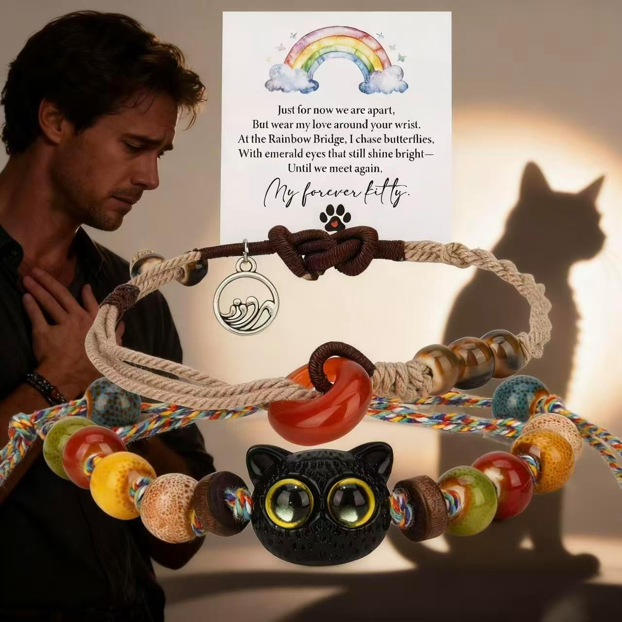 LINGYUAN 2 PCS Pet Memorial Gifts for Cats, Rainbow Bridge Bracelet for Beloved Cat Loss of Pet Remembrance Gifts