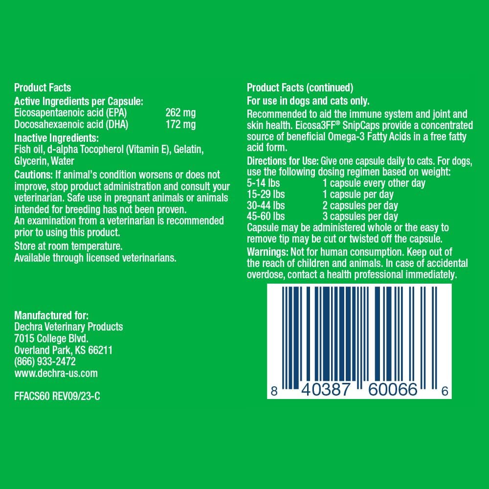 Eicosa3FF SnipCaps Omega 3 Free Fatty Acid Capsules for Dogs and Cats - Small, 60 ct