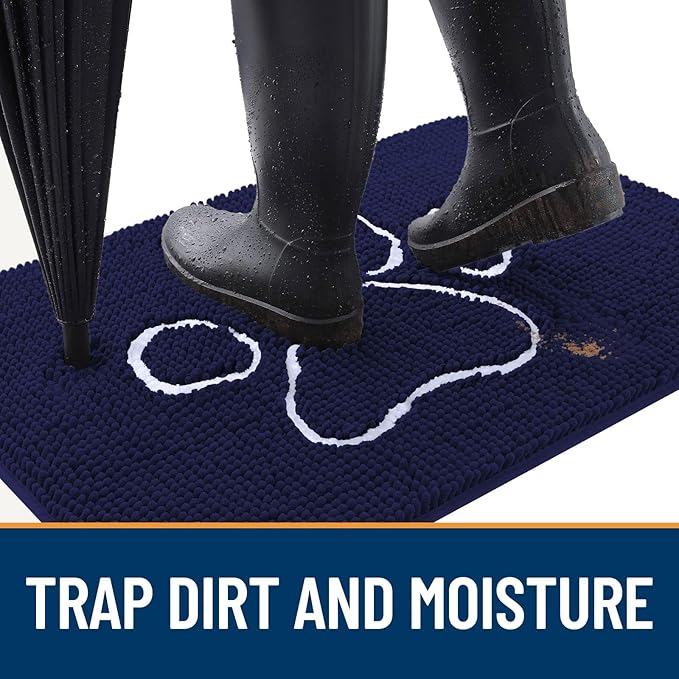 OLANLY Door Mat for Muddy Dog Paws 30x20, Ultra Absorbent Chenille Mud Doormat with Paw Print Design, Non-Slip Washable Doormat for Indoor Entryway, Quick-Dry Pet Bed Mats for Dirty Dogs, Navy Blue
