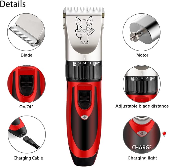 Dog Grooming Kit Clippers, Low Noise, Electric Quiet, Rechargeable, Cordless, Pet Hair Thick Coats Clippers Trimmers Set, Suitable for Dogs, Cats, and Other Pets(Red)