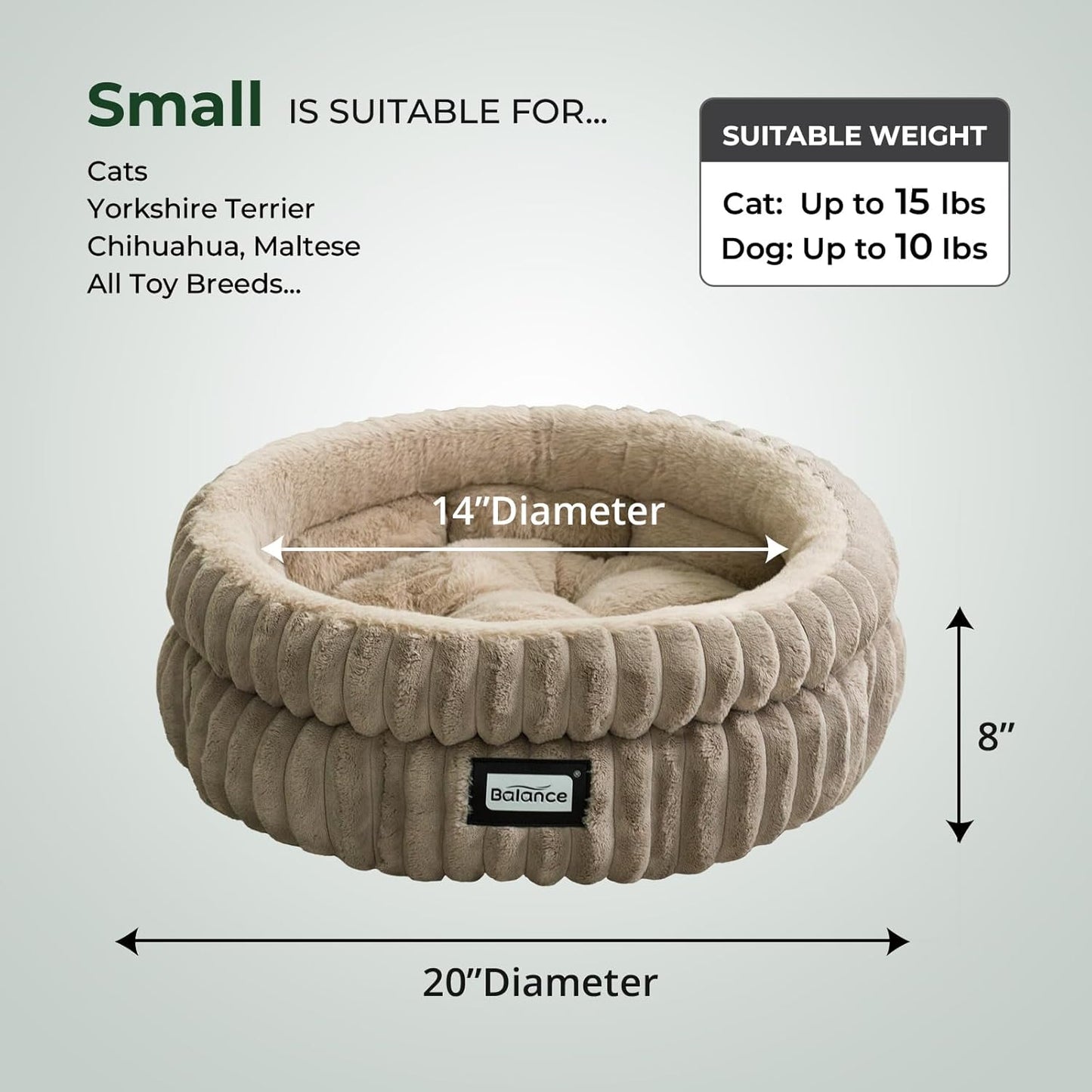 BALANCE Cat Bed Kitten Bed, Washable Round Cat Beds for Indoor Cats,Super Soft Plush Faux Fur Pet Bed for Puppy and Kitten with Anti-Slip Bottom