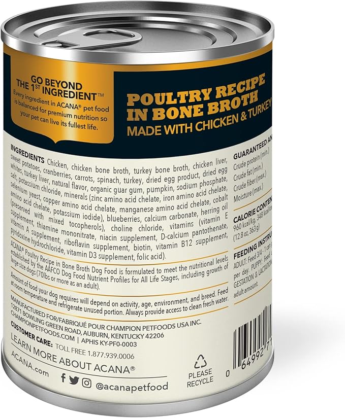ACANA Premium Chunks in Bone Broth Grain-free Wet Dog Food Poultry Recipe 12.8oz Cans (12 Count)