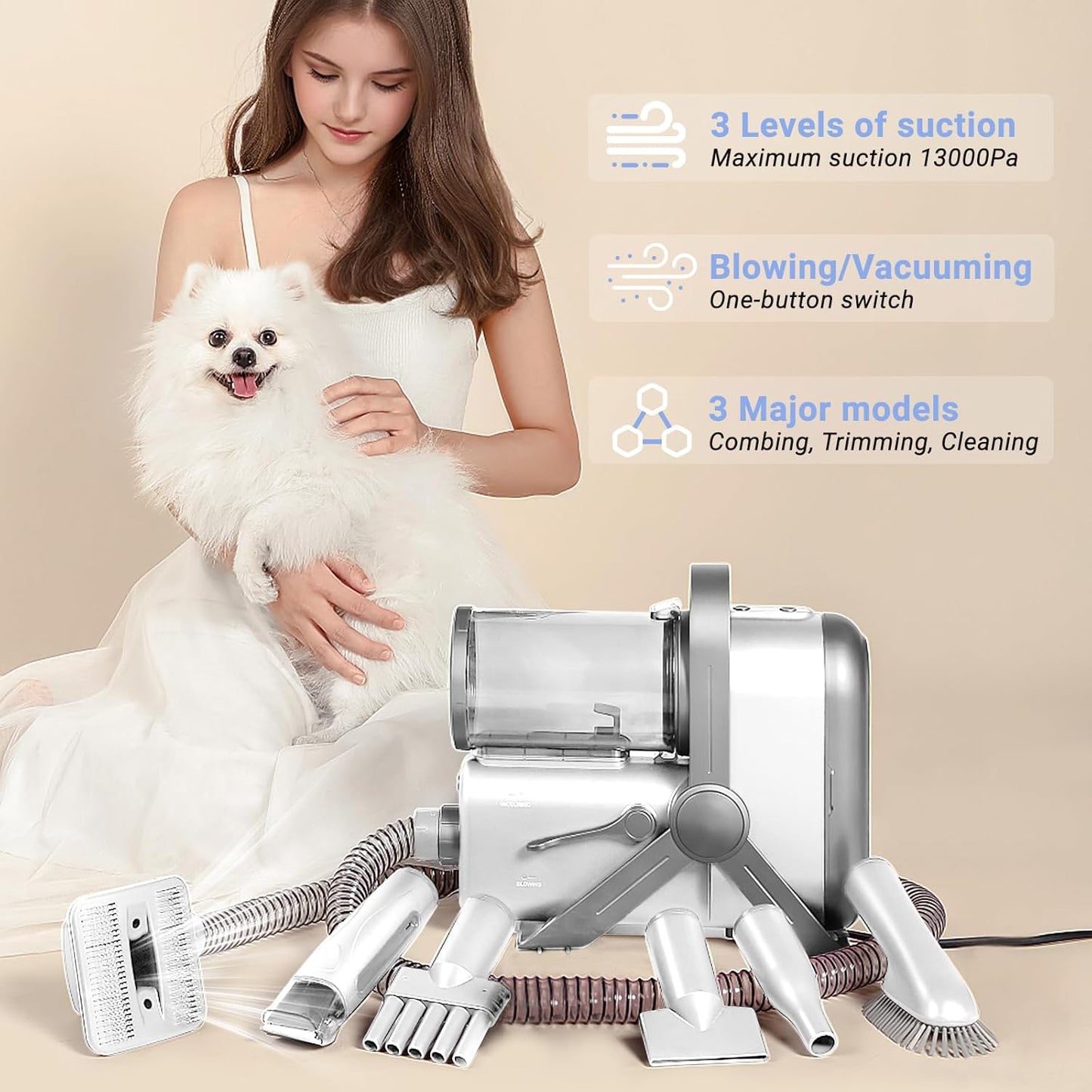 Dog Grooming Kit, Dog Grooming Vacuum, 13000Pa Upgrade Strong Pet Grooming Vacuum for Pets, Scalable Dust Cup, Low Noise, 10 Tools Shedding Grooming for Pet Hair (White)