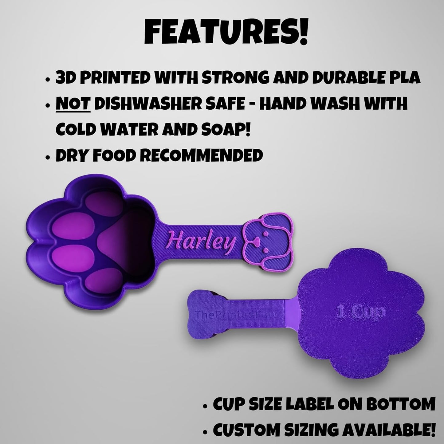 Personalized Dog Food Scoop, Paw Print Pet Food Measuring Cup with Pup Face Handle and Name, Kibble Scoop (24 oz – 3 cups)