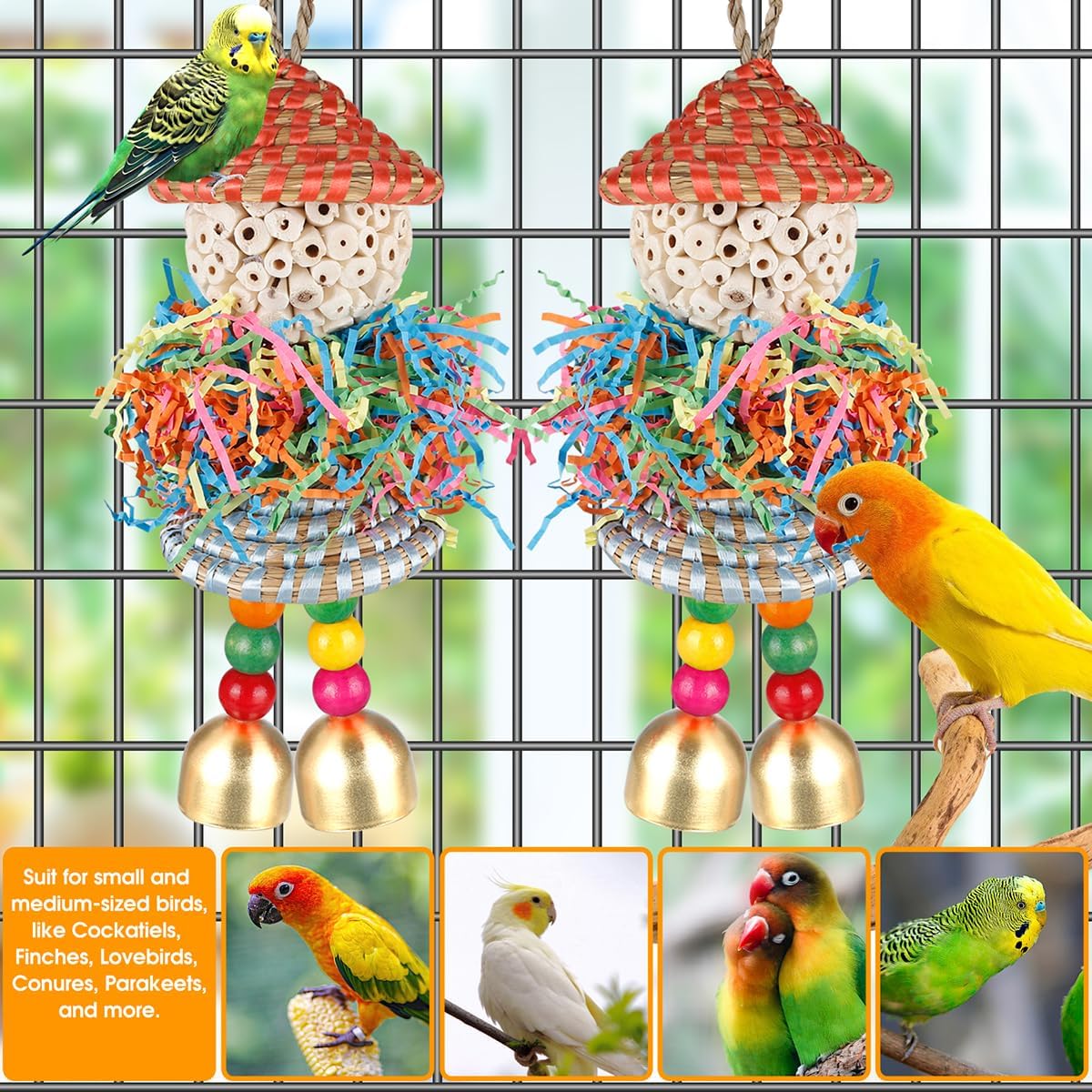 BBjinronjy 2PCS Bird Toys Parrot Foraging Shredder Hanging Toys Sola Balls with Bell for Small Parrots Parakeets Cockatiel Conures Love Birds Budgie Cage Toy
