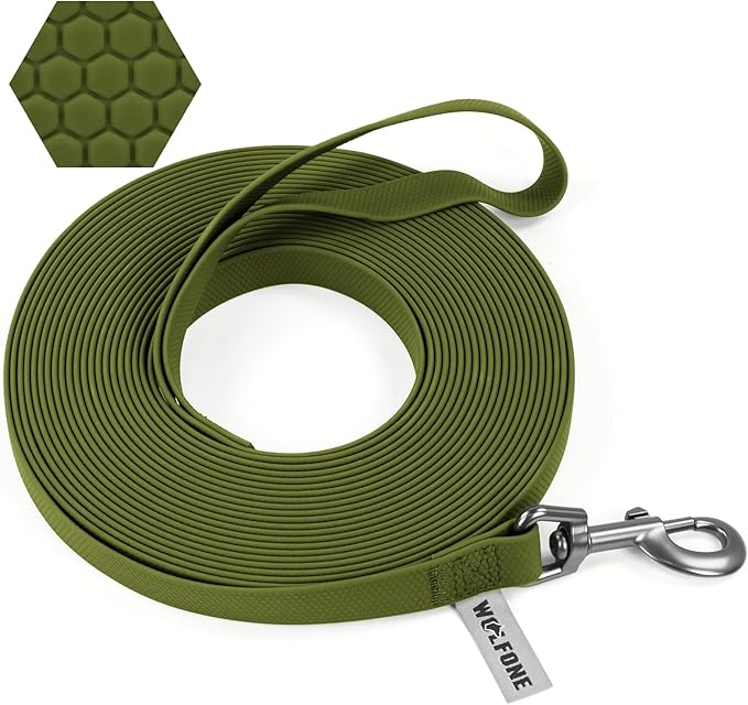 Wolfone 15m Dark Green Heavy Duty Robust Training Dog Leash with Anti-Slip Handle，Waterproof Long Dog Leash for Outdoor Activities