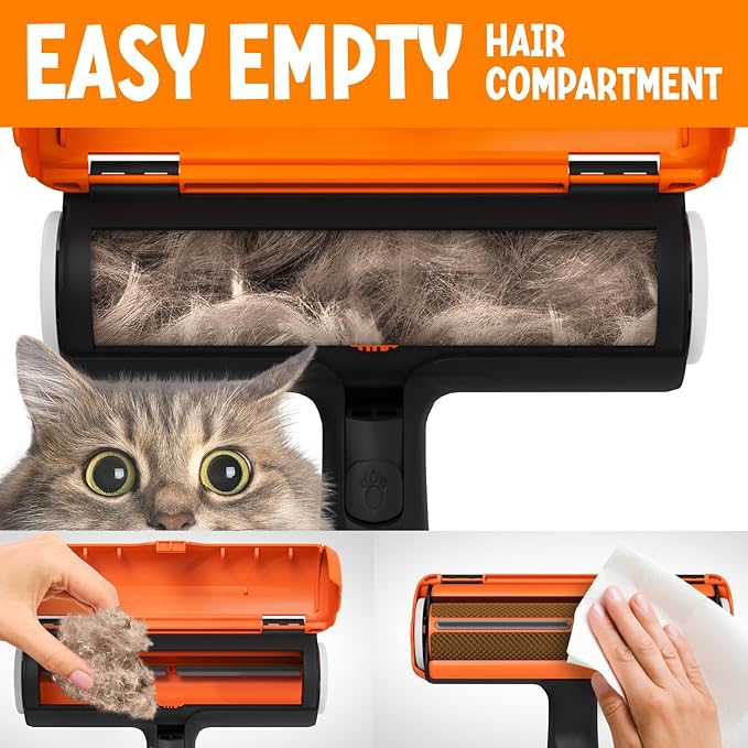 Triton Pet Hair Removal Tool w/Fur Trapping Compartment and Detachable Handle, 60% Smaller Storage Size, Reusable Shedding Roller, Cat and Dog Hair Remover for Car, Furniture, Carpet, Couch (Orange)