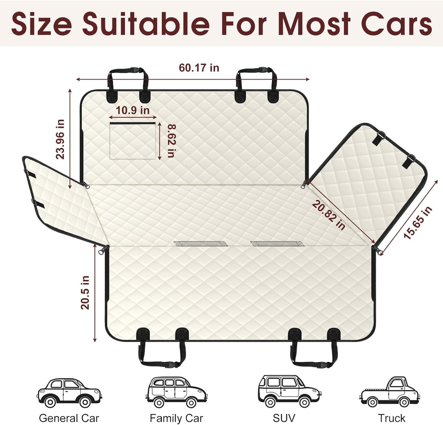 Waterproof Dog Car Seat Cover for Back Seat - Durable, Scratch Proof Pet Hammock with Nonslip Design & Storage Pockets, Fits Cars, SUVs, Trucks - L, Beige/Black