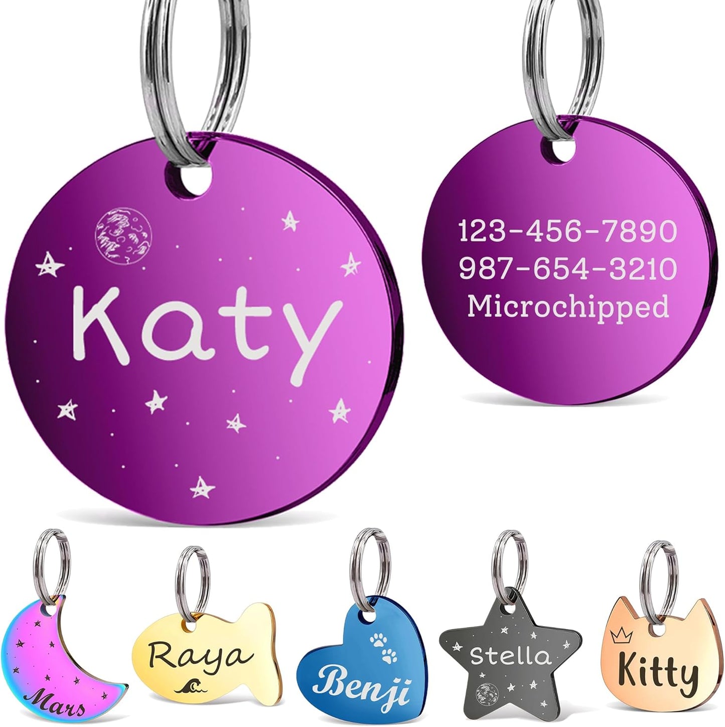 Anavia Small Size Dog Cat ID Tags, Small/XS Personalized Color Plated Stainless Steel Puppy Kitten Name Tags, Customized Engraved Nameplate Pet Collar Tag (Purple, Round)
