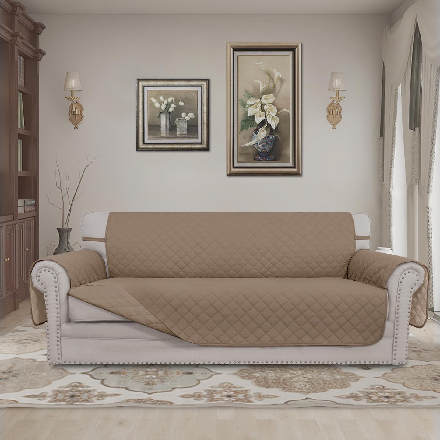 Easy-Going 4 Seater Sofa Slipcover Reversible Sofa Cover Water Resistant Couch Cover with Foam Sticks Elastic Straps Furniture Protector for Pets Children Dog Cat (XX-Large, Beige/Beige)