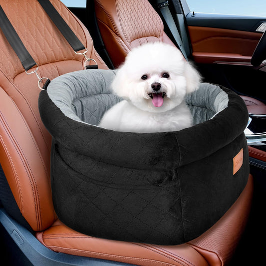 Cozy Dog Car Seat for Small Dogs Up to 30lbs, Elevated Memory Foam Booster Seat, Pet Travel Bed with Washable Removable Cover & Storage Pockets (Black&Brown)