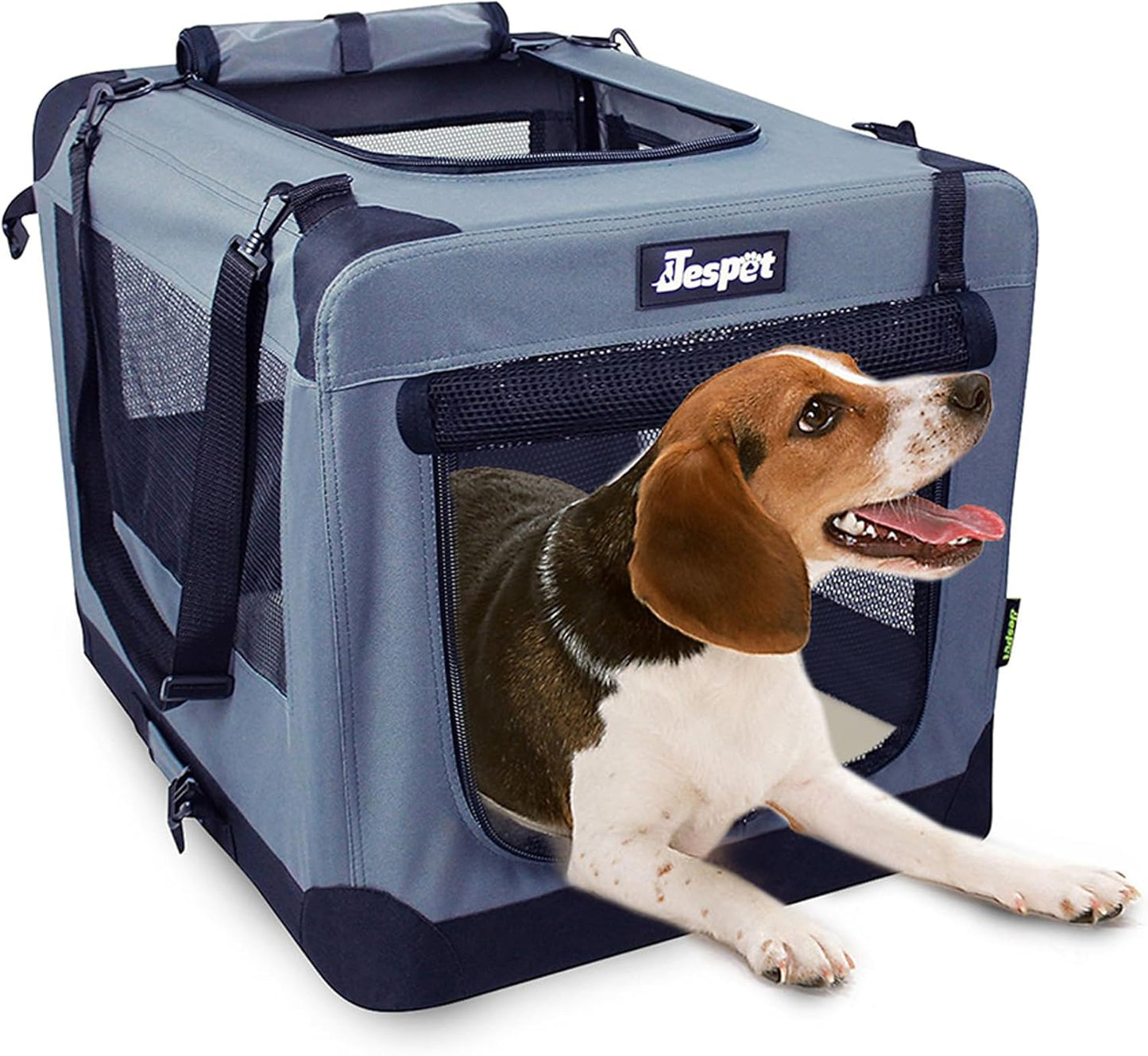 JESPET 27'' Soft Dog Crates Kennel for Pets, 3 Door Soft Sided Folding Travel Pet Carrier with Straps and Fleece Mat for Dogs, Cats, Rabbits, Grey Blue & Beige (27" L x 20" W x 20" H, Grey)