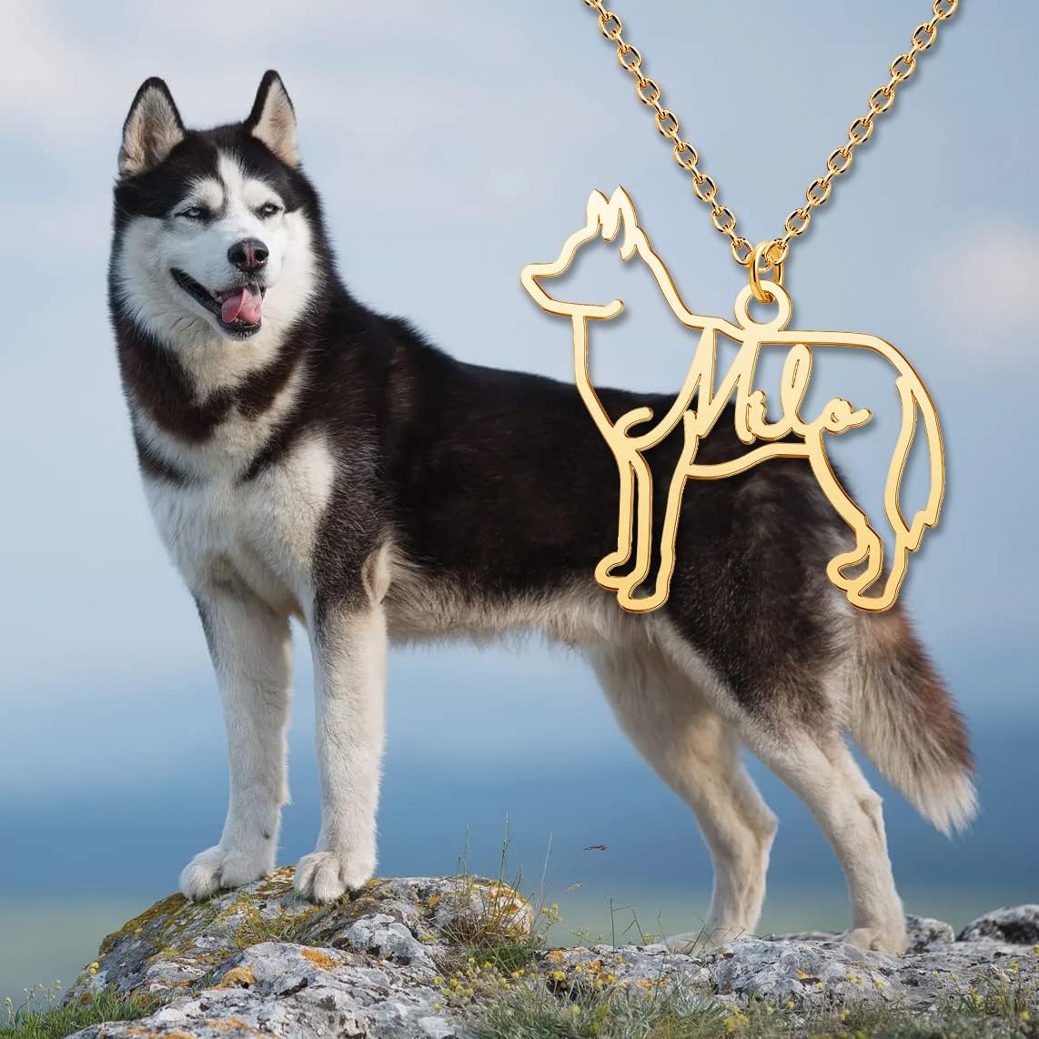 CoolJewelry Custom Dog Breeds Portrait Cat Pet Memorial Name Necklace Dainty Animal Pendant Chain Personalized Jewelry Remembrance Gifts for Dog Lover Women Girls