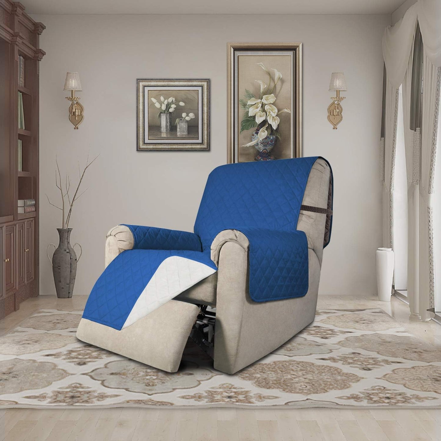 Easy-Going Recliner Sofa Slipcover Reversible Sofa Cover Water Resistant Couch Cover Furniture Protector with Elastic Straps for Pets Kids Children Dog Cat (Recliner, Blue/Ivory)