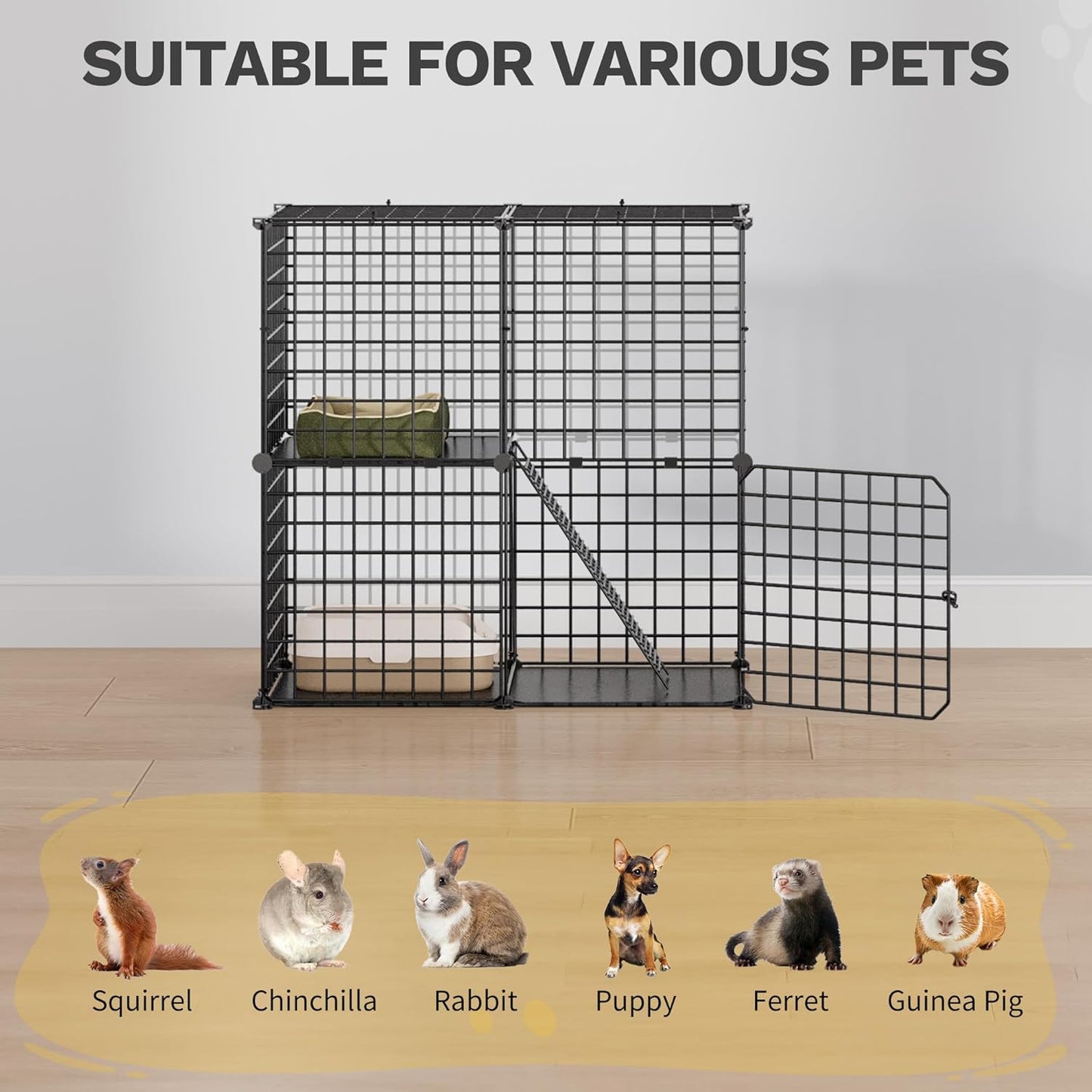 DWVO Cat Enclosure for Kittens, 2-Tier Pet Cage for Small Animals, Kitty Playpen for Indoor Outdoor Black