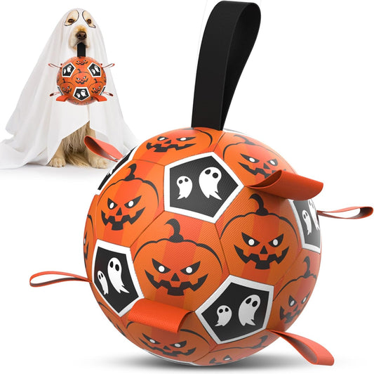 Diman Dog Soccer Ball with Straps, Halloween Dog Toys, Pet Toys Balls for Medium Large, Pet Birthday Gift, Interactive Dogs Toy for Tug of War (7 inch)
