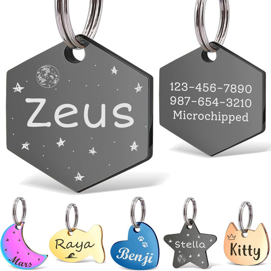 Anavia Small Size Dog Cat ID Tags, Small/XS Personalized Color Plated Stainless Steel Puppy Kitten Name Tags, Customized Engraved Nameplate Pet Collar Tag (Black, Hexagon)