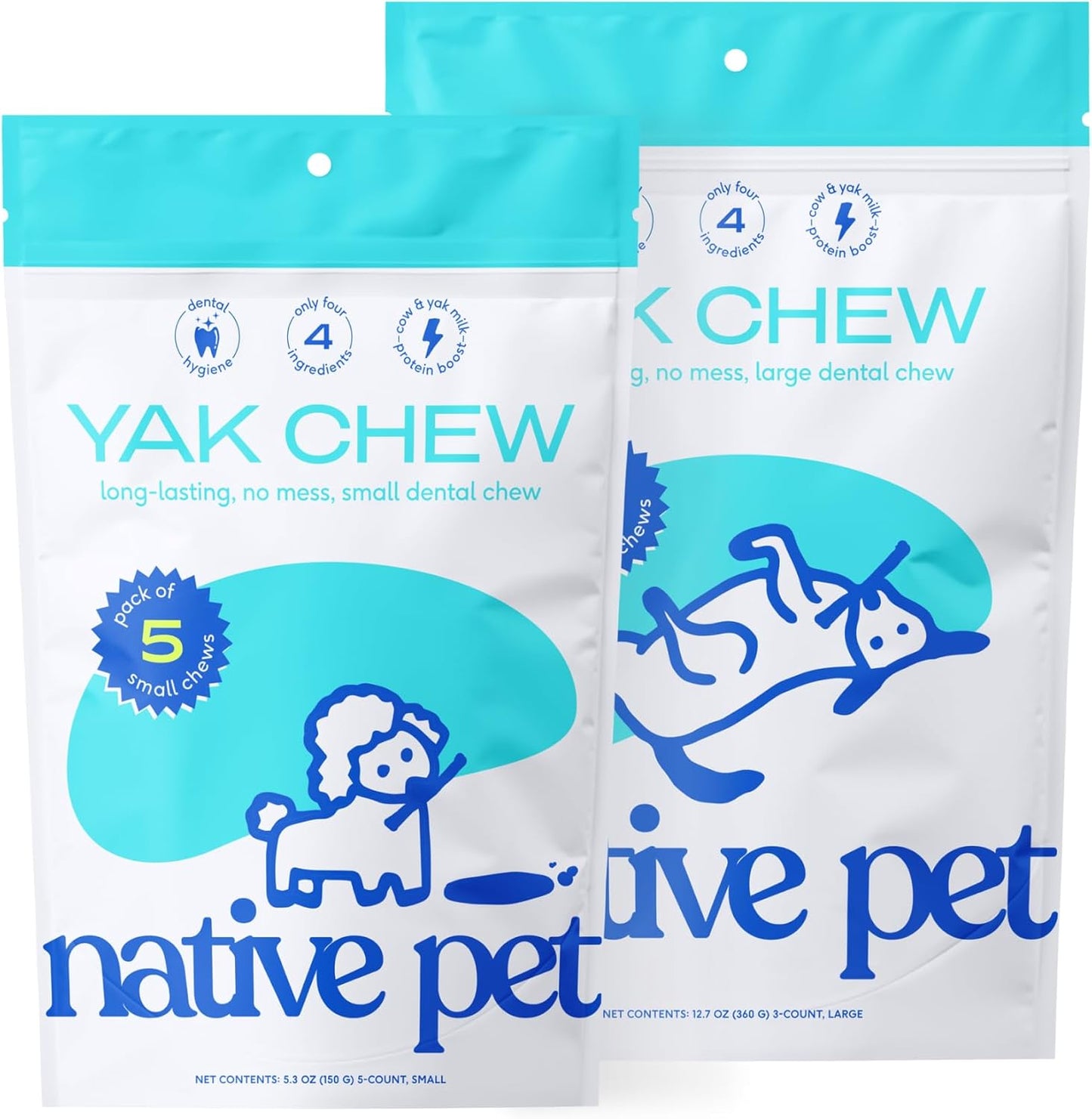 Native Pet Yak Chews for Dogs (5 Small Chews) & (3 Large Chews) - All Natural Dental Chew for Dogs Made with Yak Cheese for Aggressive Chewers