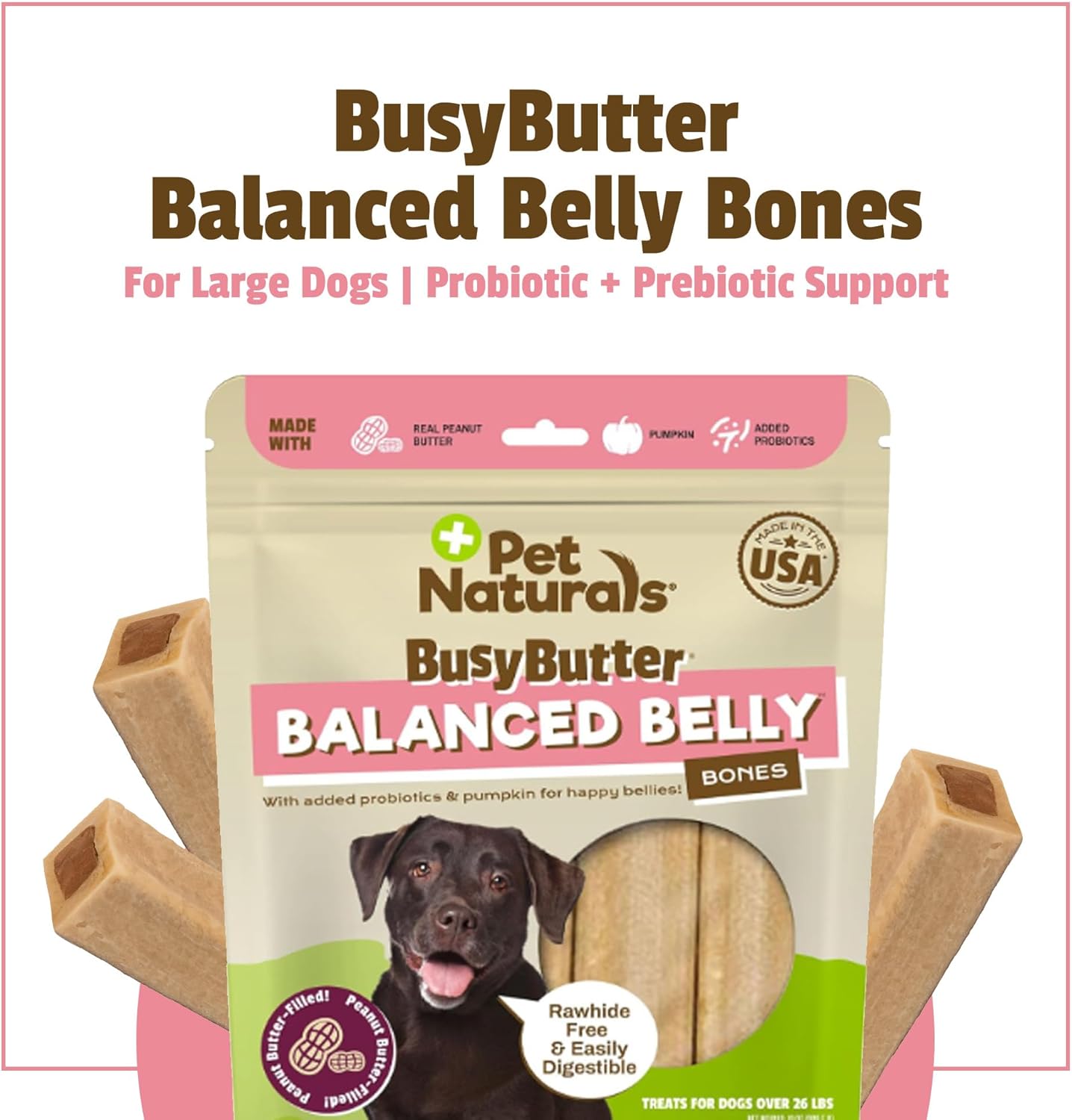 Pet Naturals BusyButter Balanced Belly Peanut Butter Bones, Rawhide-Free Chews for Medium/Large Dogs, Long Lasting Chew Bones, Probiotics & Pumpkin for Gut Health, 4 Count