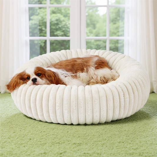Bedsure Donut Medium Dog Bed - Washable Faux Fur with Corduroy Fleece & Anti Slip Bottom, Round Pet Bed with Removable Cover, Cream, 30x30x8 inches