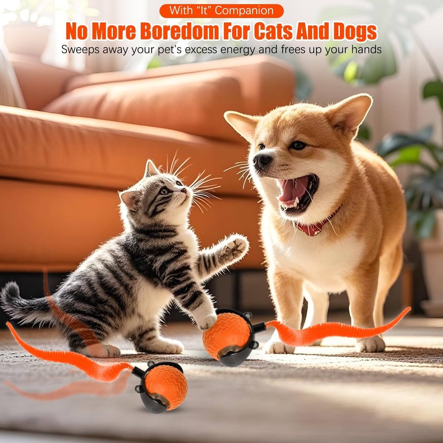 nteractive Cat Ball Toy, Cat Toy Ball with Cord Imitation Mouse, Obstacle Avoidance Smart CatToy Balls, Motion Activated Toys to Keep Them Busy (Orange, 1)