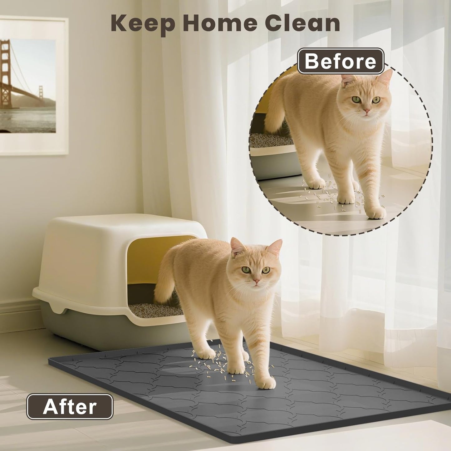 Cat Mat for Litter Box, 38" X 26" Large Silicone Cat Litter Trapping Mat, Easy Clean for Scatter Control, Soft on Kitty Paws, Waterproof, Urine-Proof, Non-Slip Kitty Litter Mat for Floor, Black