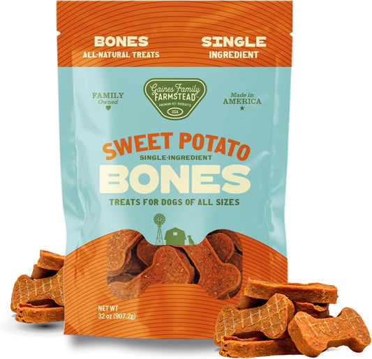 Gaines Family Farmstead Sweet Potato Dog Bones – 32 oz Bag, All-Natural, Single Ingredient, Grain-Free Dog Treats for Digestive Health, High Fiber - Training & Rewards, Made in USA