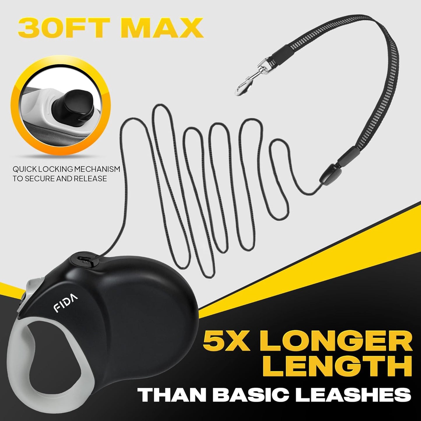 Fida Upgraded Retractable Dog Leash 30ft, Heavy Duty Pet Walking Leash for Medium/Large Breed up to 110 lbs, 360° Tangle-Free Long Retract Dog Lead, Soft Grip, One-Hand Brake, Black