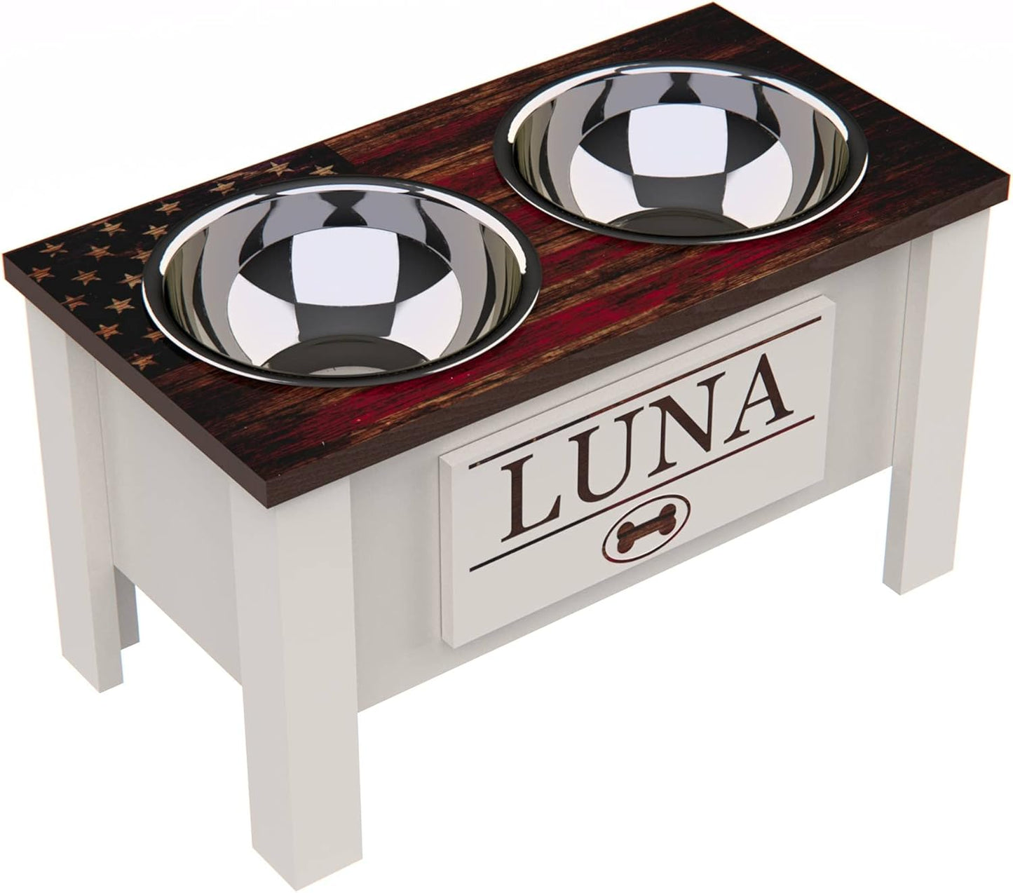 GrooveThis Woodshop - Personalized Elevated Dog Bowl Stand for Large, Medium, Small, X-Small Dogs - Stainless Steel Food and Water Bowls - Raised Dog Dish with Internal Storage (Large, Flag Design)