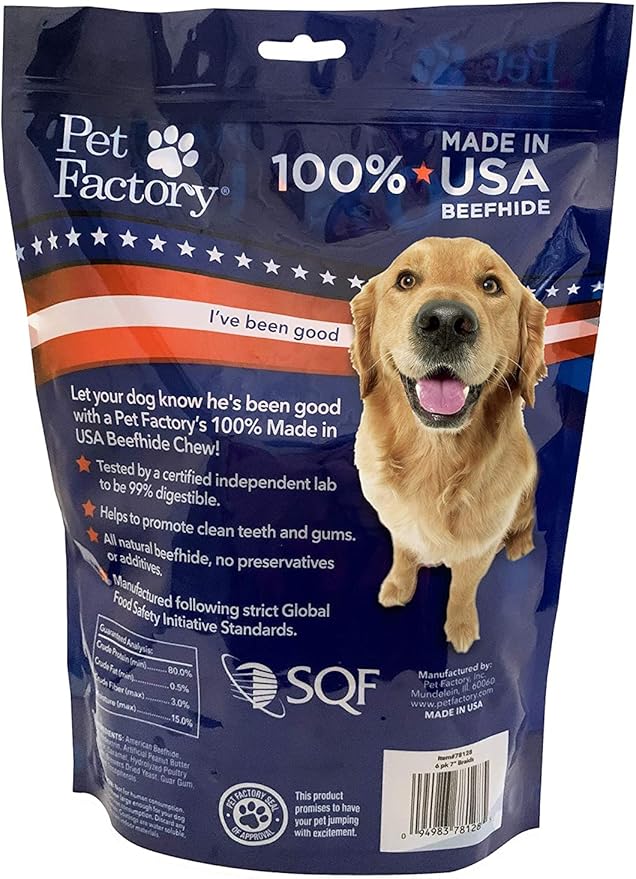 Pet Factory 100% Made in USA Beefhide 7" Braided Sticks Dog Chew Treats - Peanut Butter Flavor, 6 Count/1 Pack