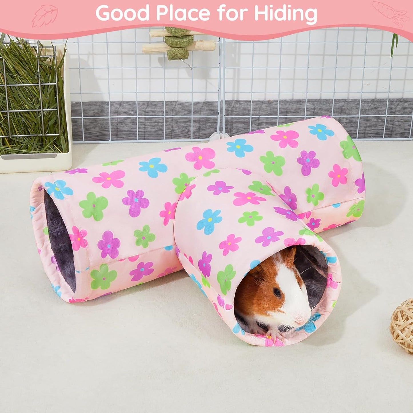 Glittme Guinea Pig Tunnel Washable Guinea Pigs Hideout Portable Rabbit Tunnels Soft Ferret Tunnel for Playing Resting Guinea Pig Accessories for Hedgehogs, Hamster, Apricot Flowers