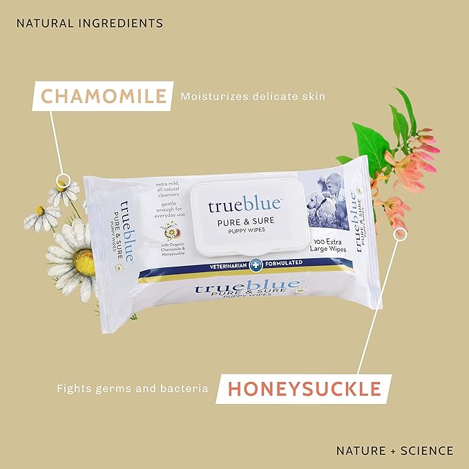 TrueBlue Chamomile & Honeysuckle Pure & Sure Puppy Wipes – Pre-Moistened Puppy Pads for Cleaning Dirty Paws, Coats, Dog Hair – Extra Large – 8”x7” – 100 Count