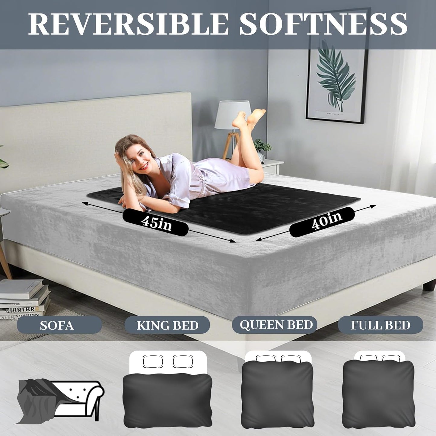 Love Black Waterproof Bed Blanket, Throw Size XS Size 45'' x 40'' Double Side Leakproof Reversible Sherpa Flannel Fleece 3 Layer Lightweight Blanket, Absorbs 18oz