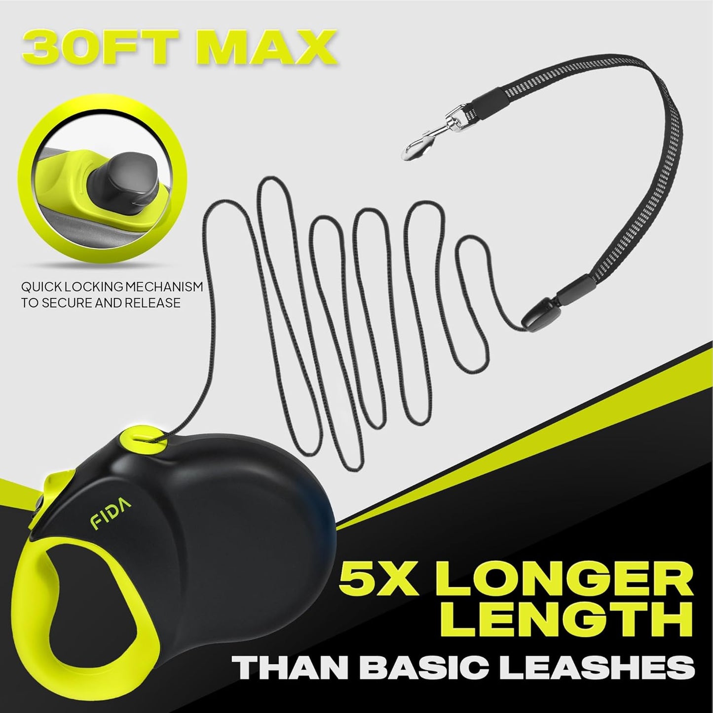 Fida 30ft Upgraded Retractable Dog Leash, Heavy Duty Pet Walking Leash for Medium/Large Breed up to 110 lbs, 360° Tangle-Free Long Retract Dog Lead, Soft Grip, One-Hand Brake, Neon Yellow