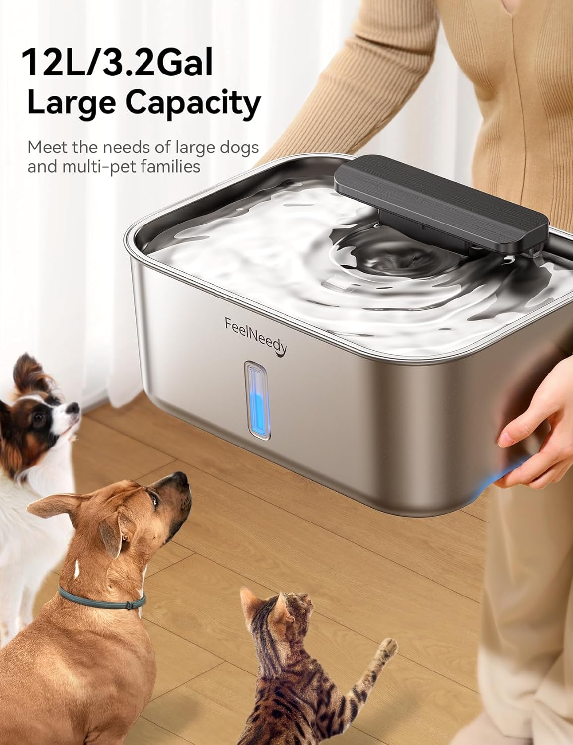 FEELNEEDY 3 Gal Stainless Steel Dog Water Fountain for Large Dog, Pet Water Fountain, Dog Water Bowl Dispenser with Water Level Window, Super Quiet for S-L Dogs and Multi-Pet, Easy to Clean(FN-W13)