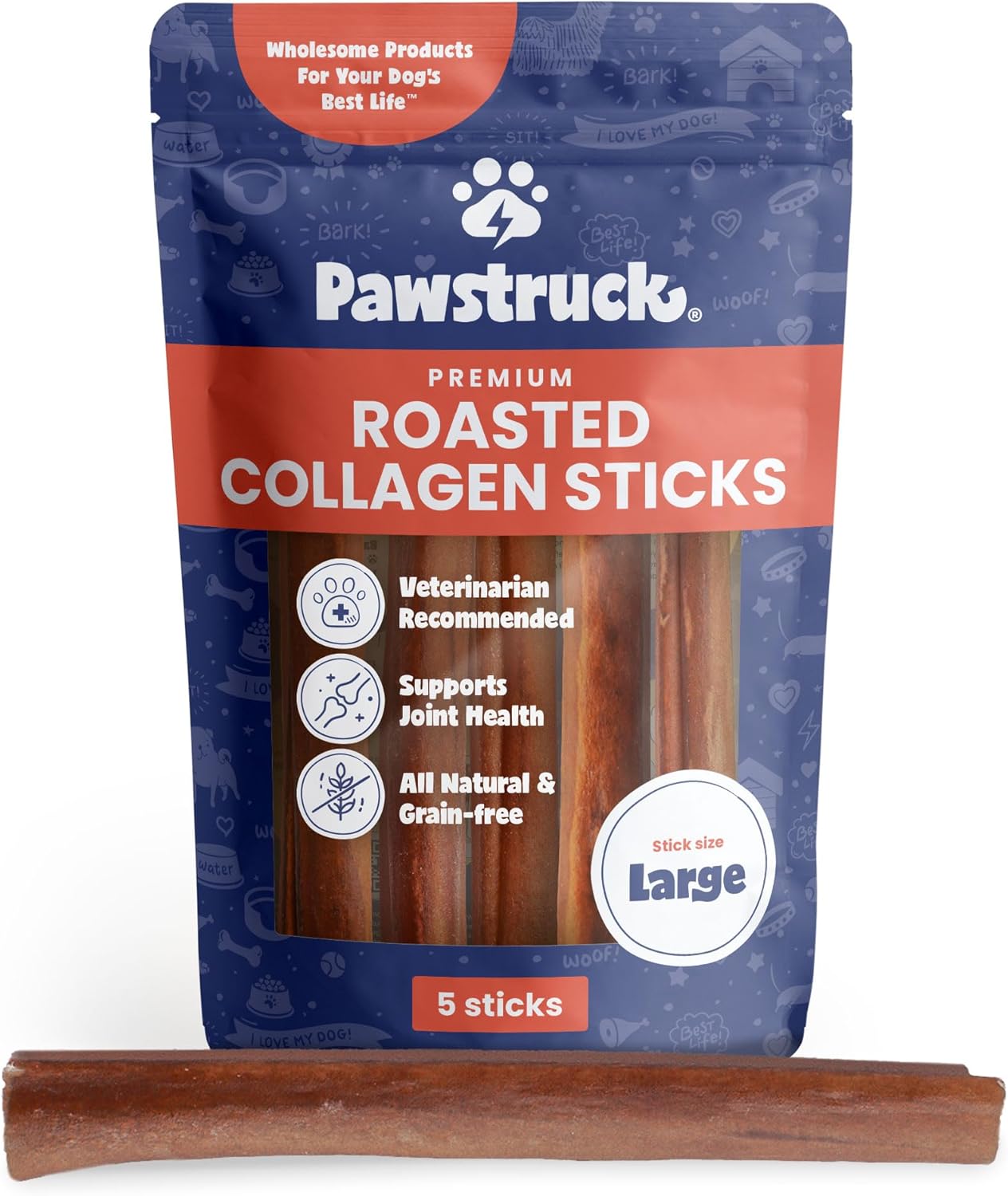 Pawstruck All Natural 11-12" Roasted Collagen Sticks for Dogs – Low Odor & Long-Lasting Bully Stick & Rawhide Alternative, Single Ingredient, Vet Approved – 5 Pack