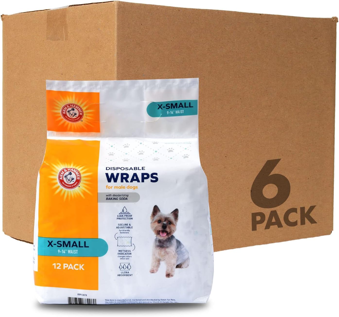 Arm & Hammer for Pets Male Dog Wraps, X-Small, Super Absorbent Dog Wraps for Male Dogs Arm & Hammer Baking Soda Enhanced Dog Wraps for Odor Control (Pack of 6, 72 Count Total)
