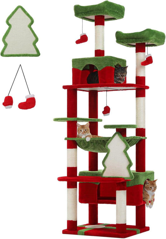 PAWZ Road Christmas Cat Tree, 72 Inches Tall Cat Tower with 2 Perches, 2 Condos and Spacious Hammock, Attractive Cat House with Xmas Tree Scratcher, 7 Scratching Posts for Large Cats