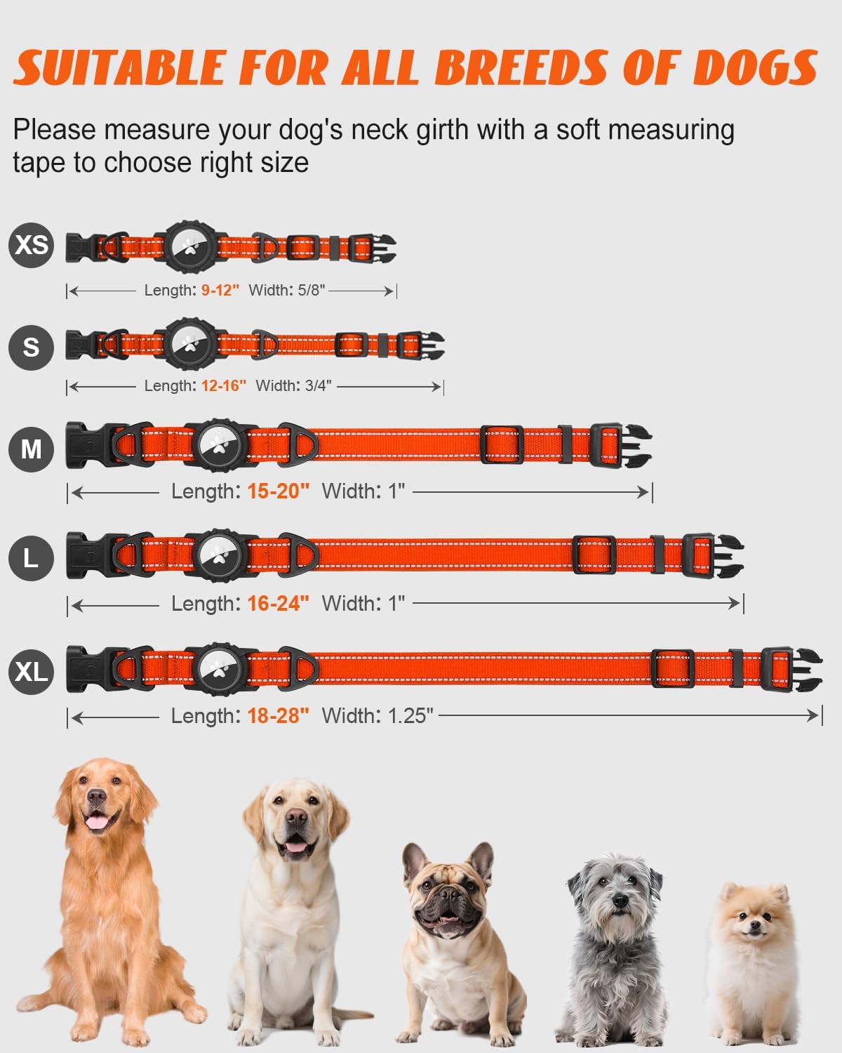 Joytale Airtag Dog Collar, Reflective Pet Collar with Waterproof AirTag Holder, Dual D-Rings, Soft Padded Adjustable for Small Dogs, Orange, S