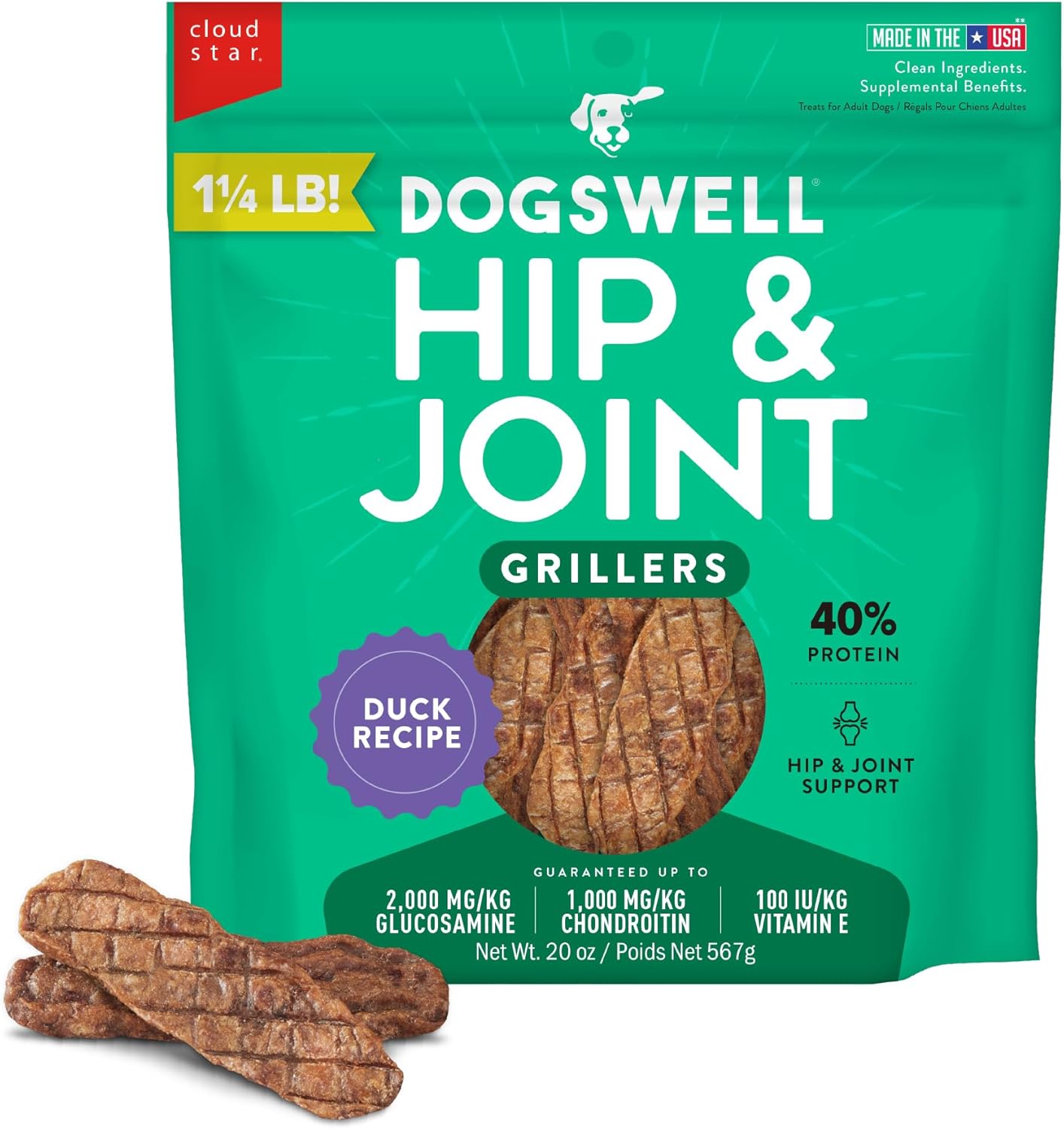 DOGSWELL 100% Grilled Meat Dog Treats, Made in The USA with Glucosamine, Chondroitin & New Zealand Green Mussel for Healthy Hips, 20 oz. Duck