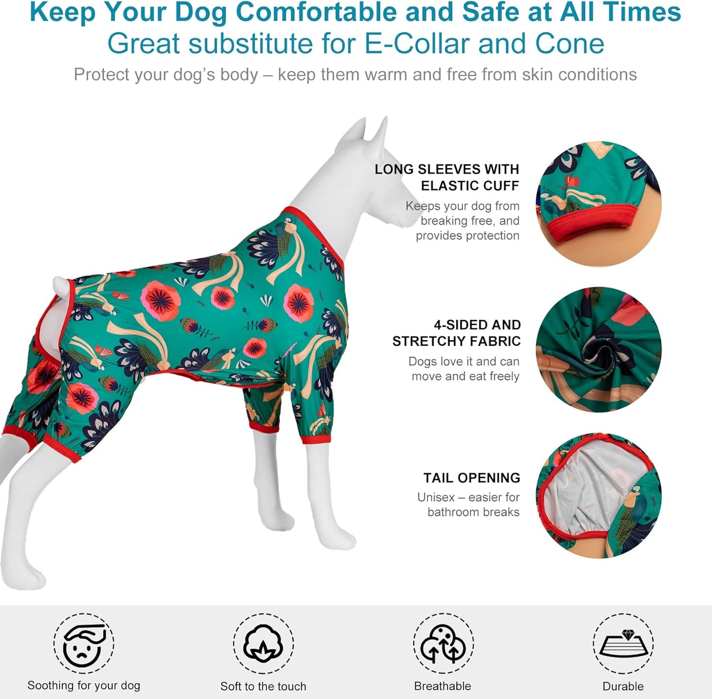LovinPet Pitbull Dog Pajamas, Pet Anxiety Relief Shirt, UV Protection Dog Clothes, Comfy Lightweight Fabric, Turquoise Peacock Prints, Pet Pajamas for Dogs, Pitbull Clothes, Green L