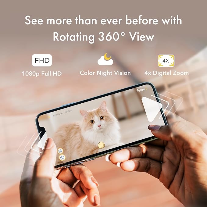 Furbo 360° Cat Camera: Pet Security Cam w/Meowing Alerts, Rotating View, Treat Toss w/Phone App, Smart Home Indoor Kitty Monitoring, 2-Way Speaker (Standard Features - No Subscription Required)